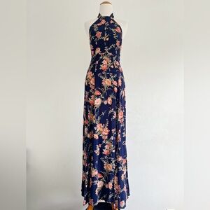 Reformation floral maxi dress gown halter tie neck xsmall navy blue pink